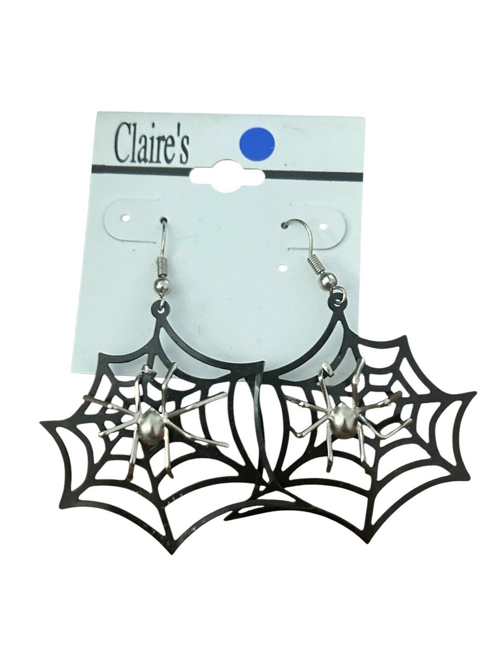 Vintage Claire's Black Spider Web Silver Spider Dangle Earrings Halloween NWT
